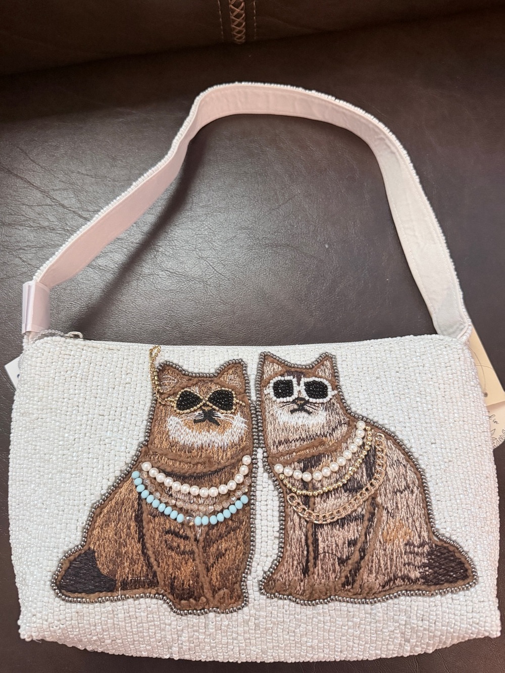 Beaded Cat Embellished Shoulder Bag - White